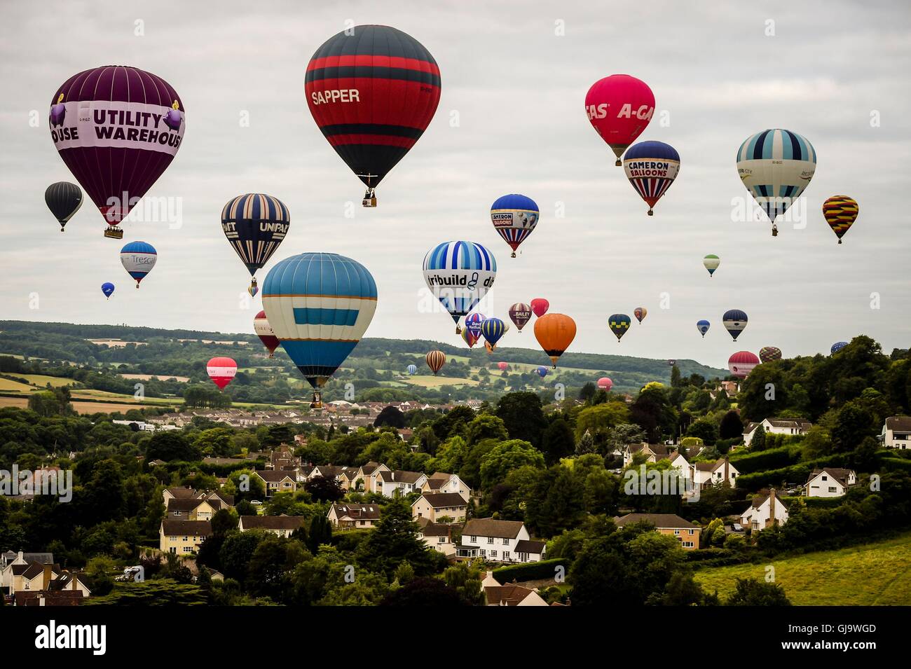 Hot air balloons fly over the Ashton Court Estate towards Long Ashton