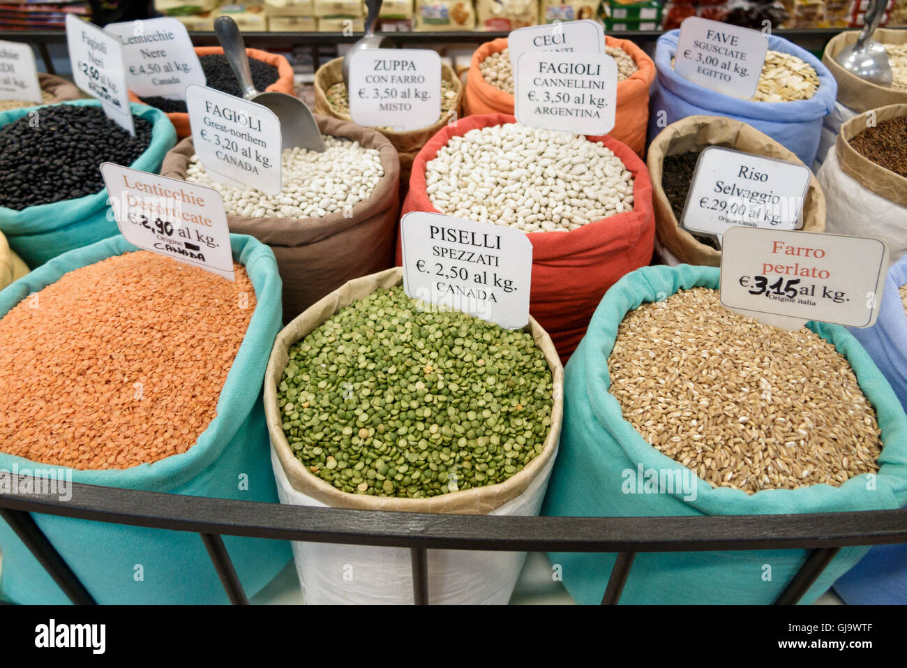 Dried peas and Beans in market, Florence, Italy Stock Photo