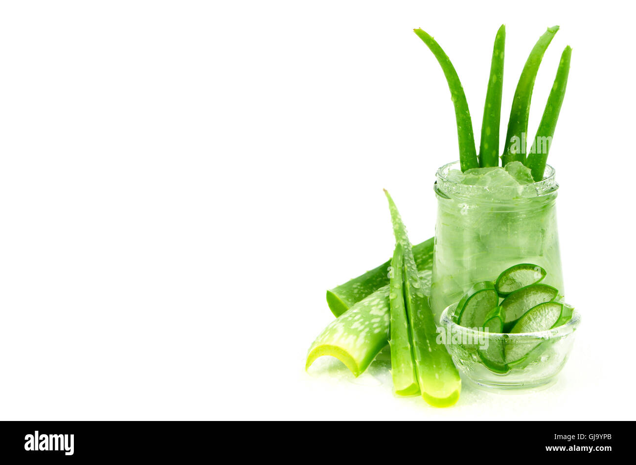 Aloe Vera Gel and Cut Aloe Vera Leaves on White Background. Aloe Vera