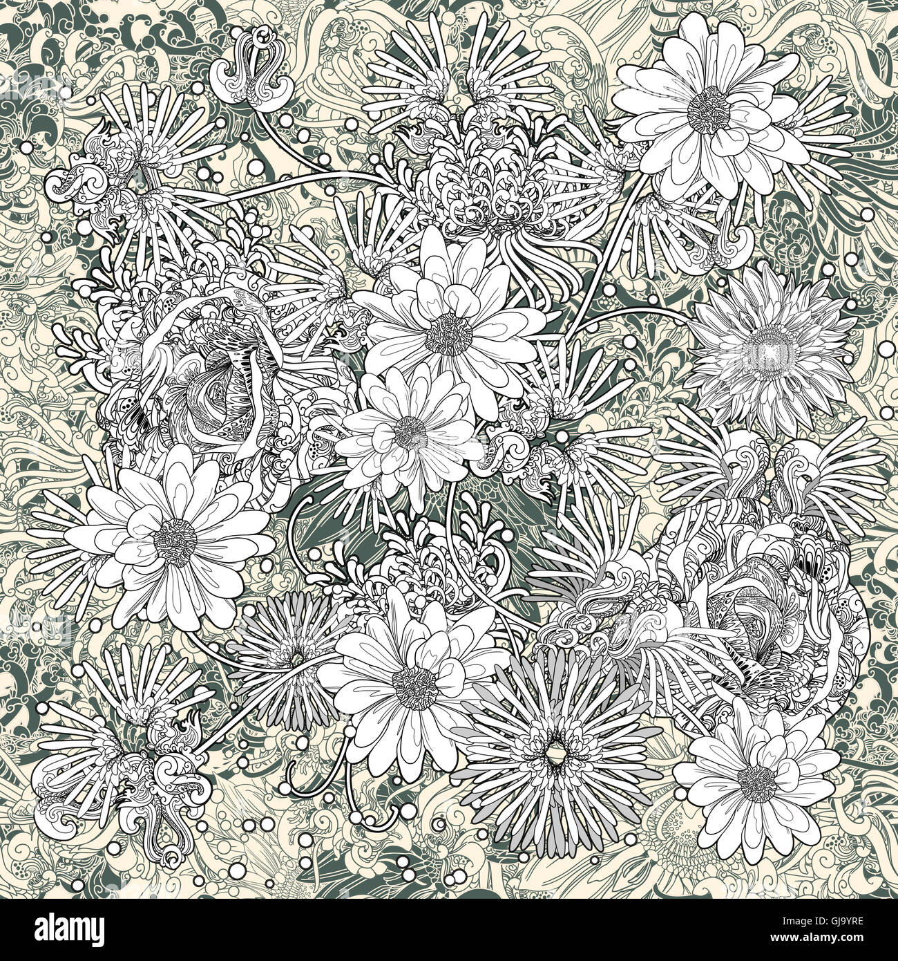 flowers seamless pattern,floral,monochrome endless background Stock Photo