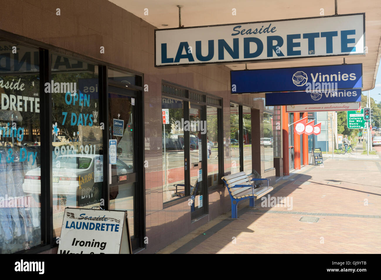 Laundrette and Vinnies charity shop in narrabeen, north Sydney, Australia Stock Photo