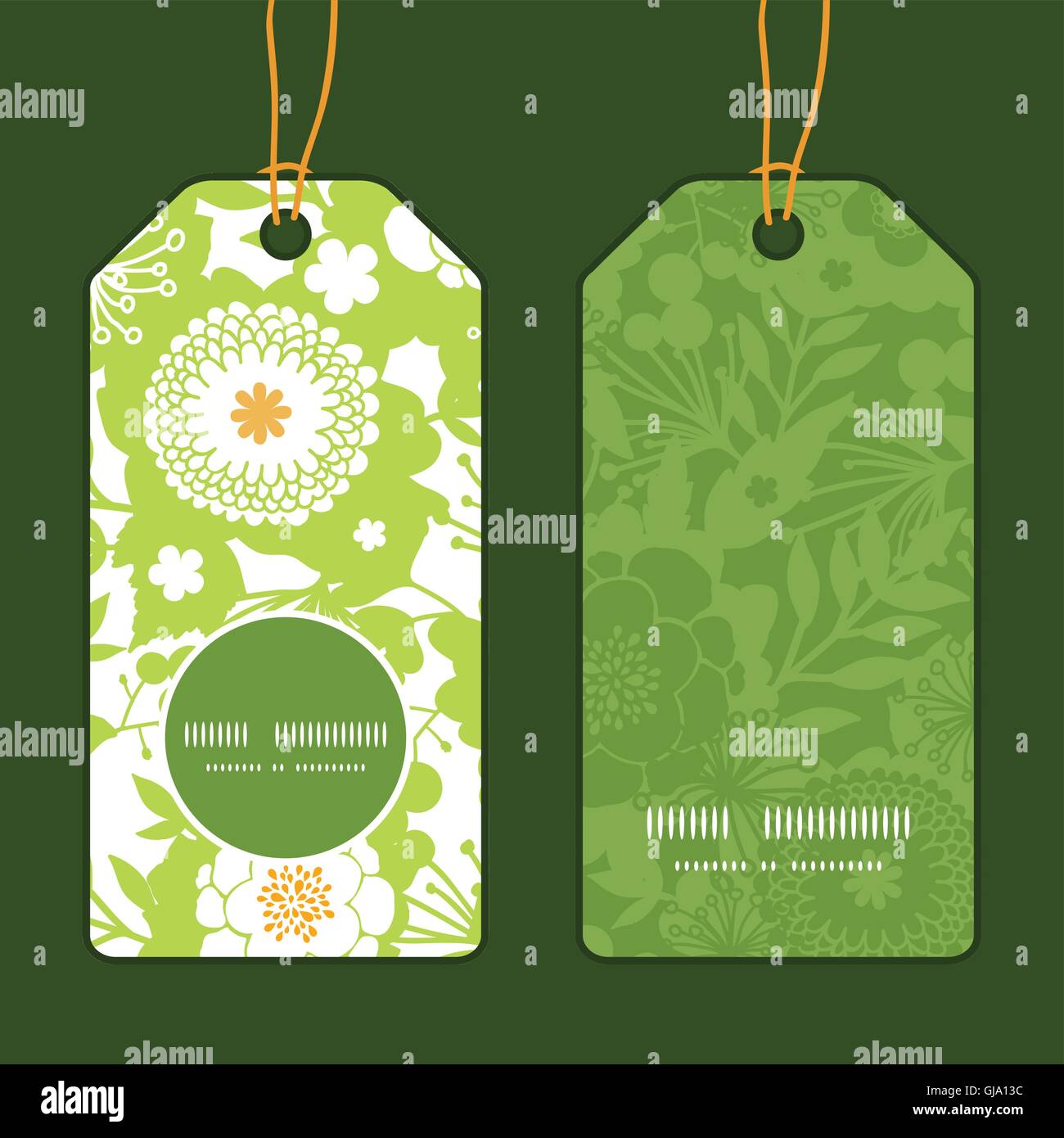 Vector green and golden garden silhouettes vertical round frame pattern ...