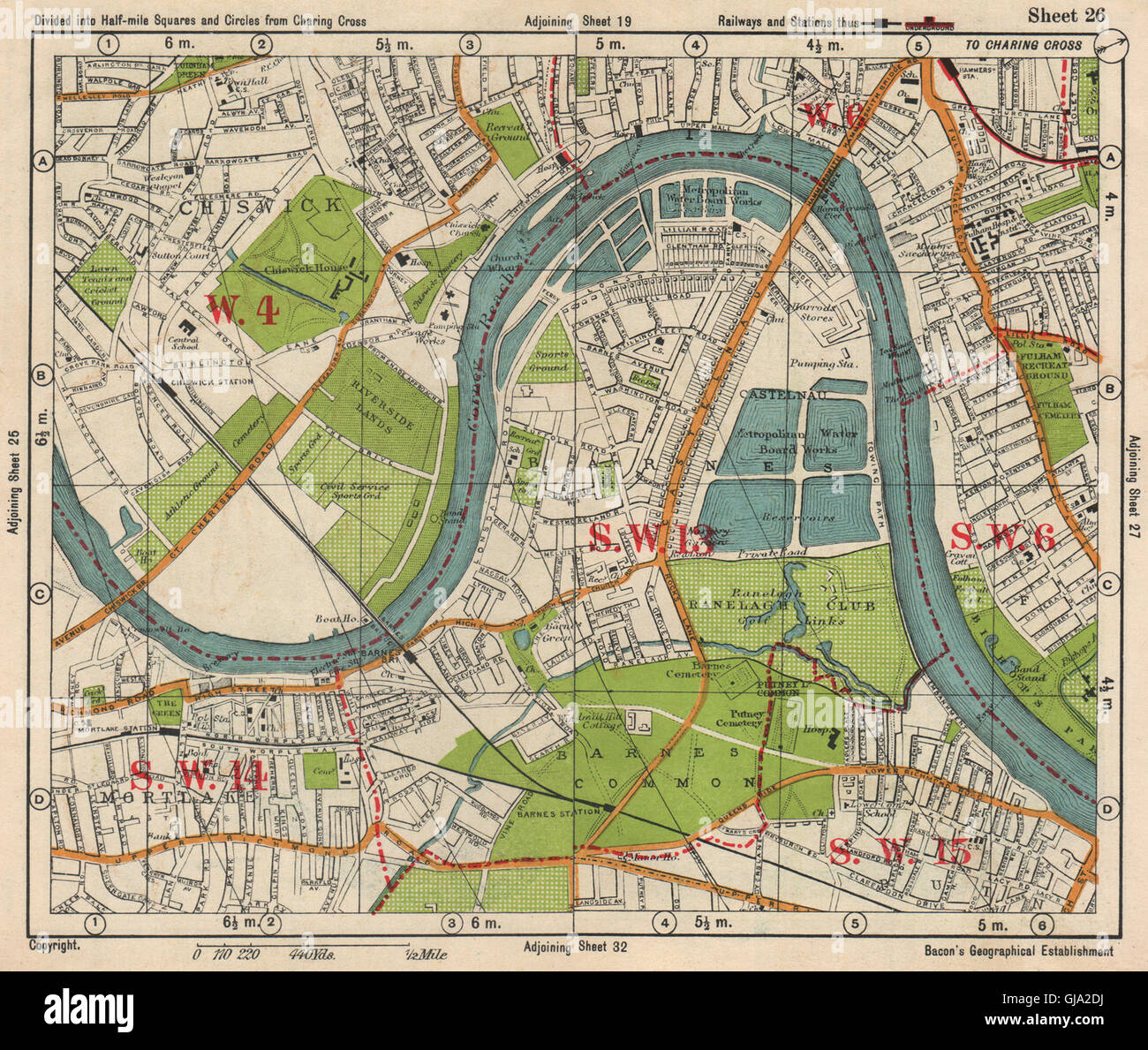 SW LONDON. Chiswick Barnes Castlenau Fulham Hammersmith Mortlake.BACON, 1938 map Stock Photo