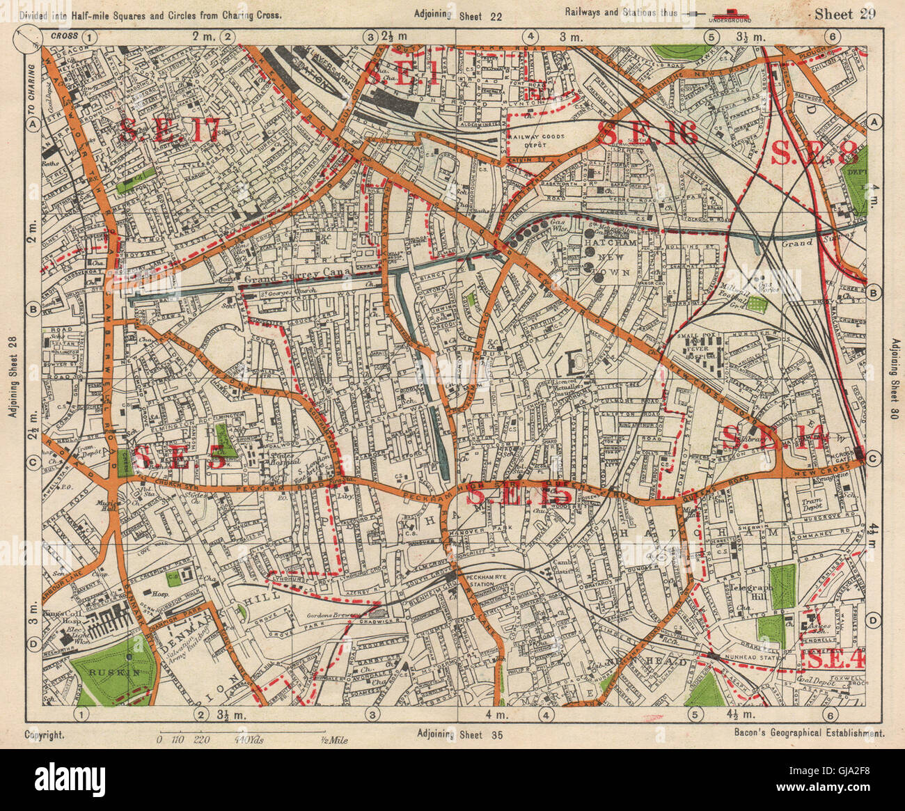 SE LONDON. Peckham Camberwell Hatcham Denmark Hill Surrey canal. BACON, 1938 map Stock Photo