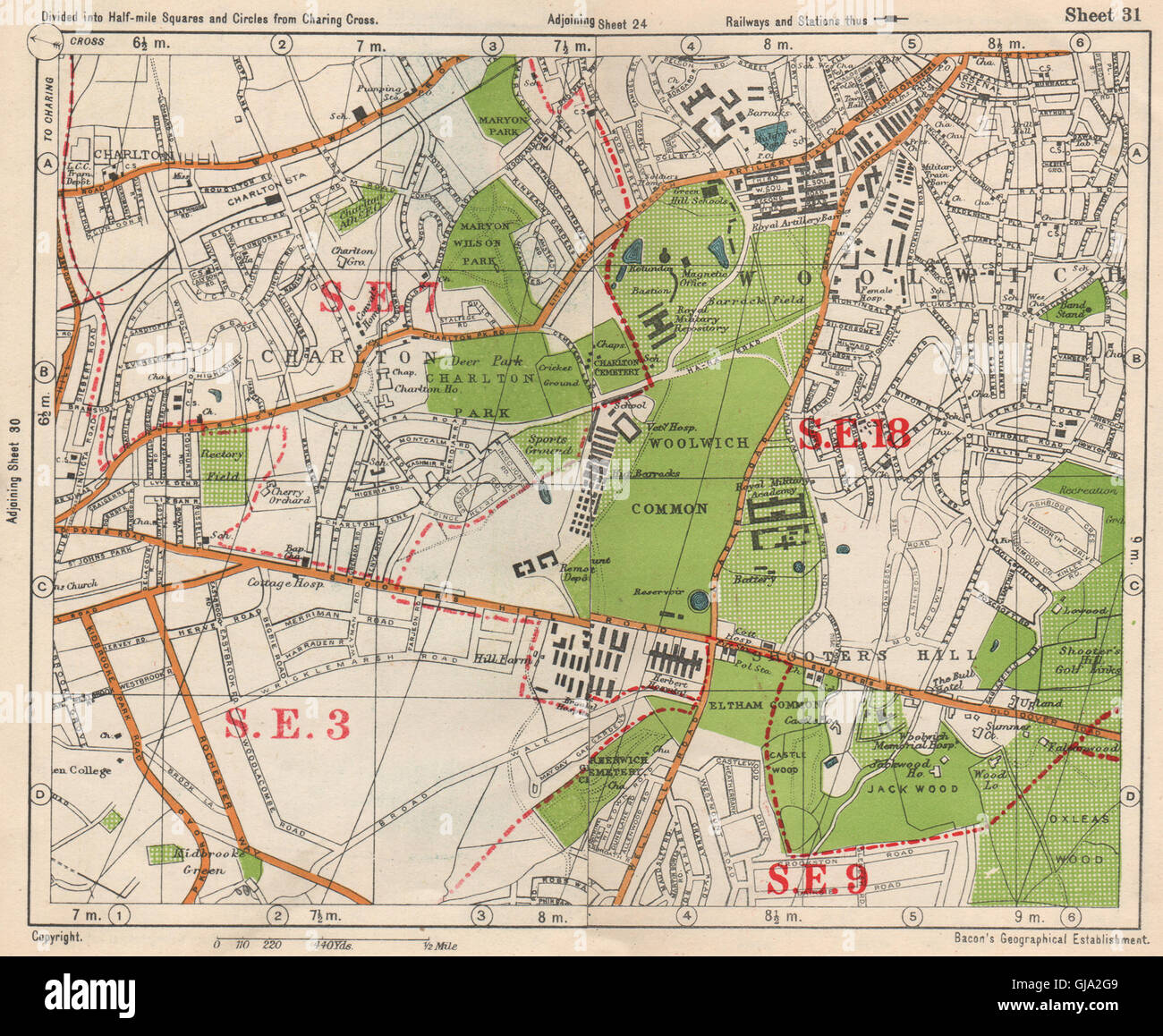 SE LONDON. Charlton Woolwich Shooters Hill Eltham Kidbrooke. BACON, 1938 map Stock Photo