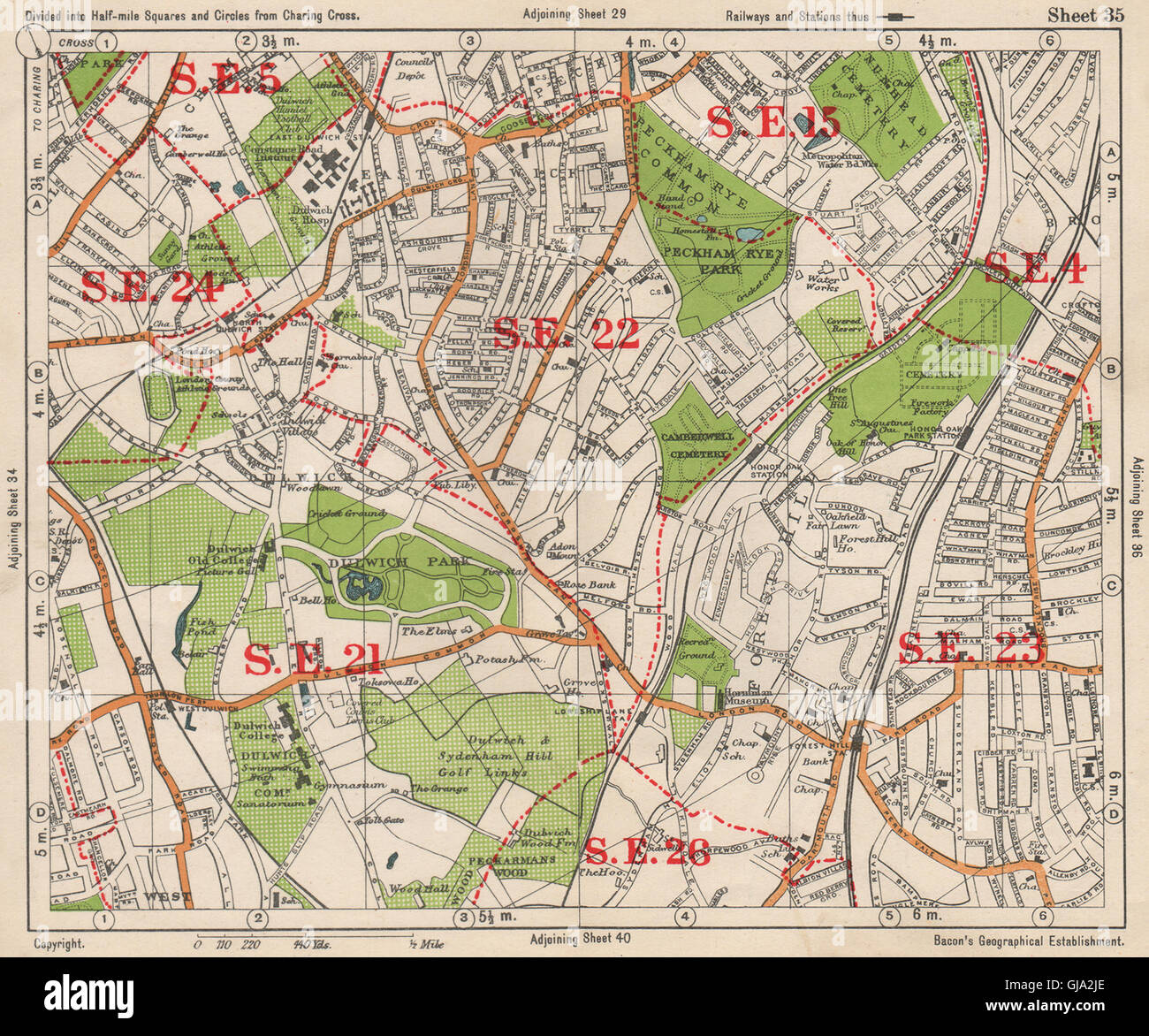 Forest Hill London Map Se London. Dulwich Honor Oak Forest Hill Herne Hill Peckham Rye. Bacon,  1938 Map Stock Photo - Alamy