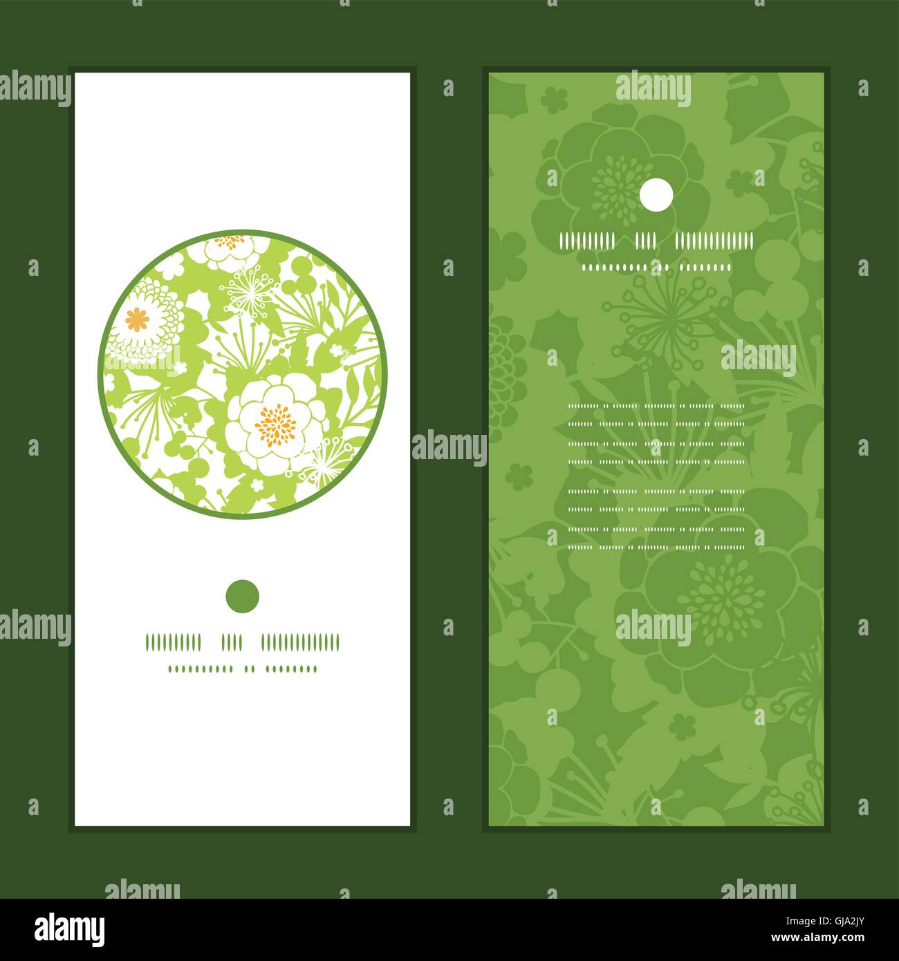 Vector green and golden garden silhouettes vertical round frame pattern ...