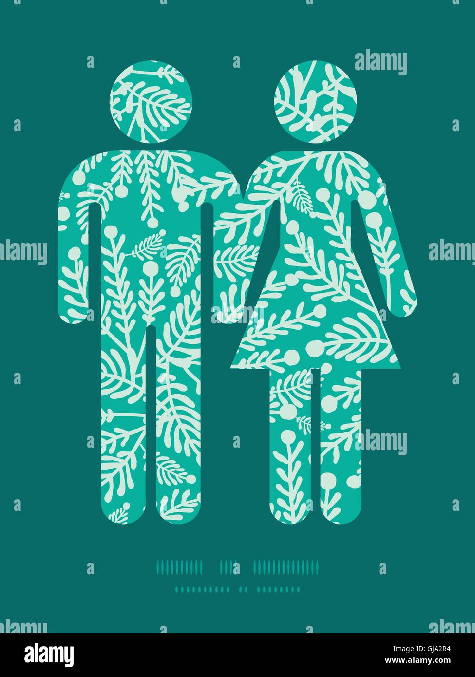 Vector emerald green plants couple in love silhouettes frame pattern ...