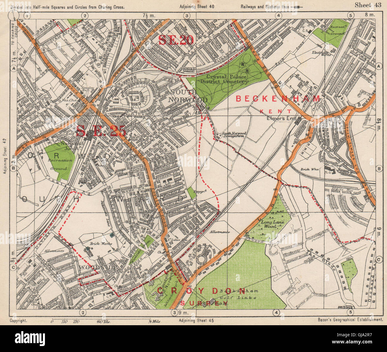 SOUTH EAST LONDON. South Norwood Woodside Elmer's End Anerley. BACON, 1938 map Stock Photo