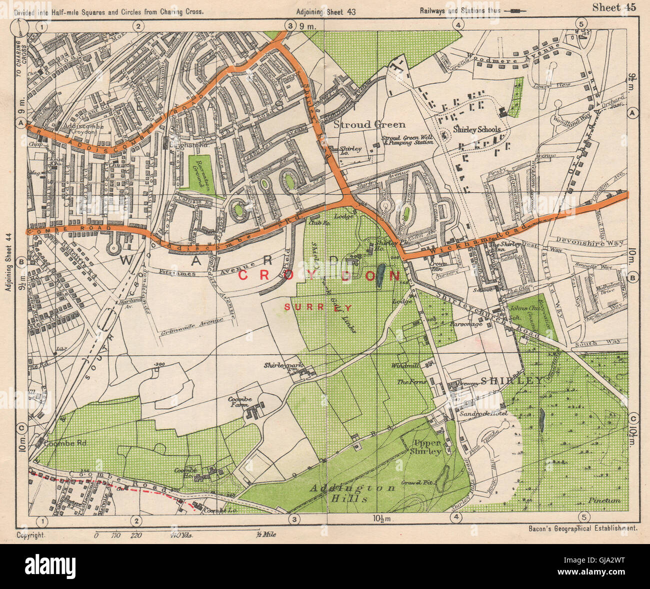 Map Of Shirley Croydon South East London. Shirley Addiscombe E Croydon Stroud Green. Bacon, 1938  Map Stock Photo - Alamy