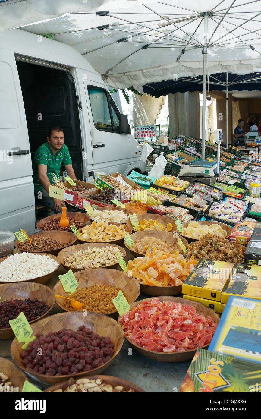 Crystallised fruits and spices display Apt market Luberon Provence France Stock Photo