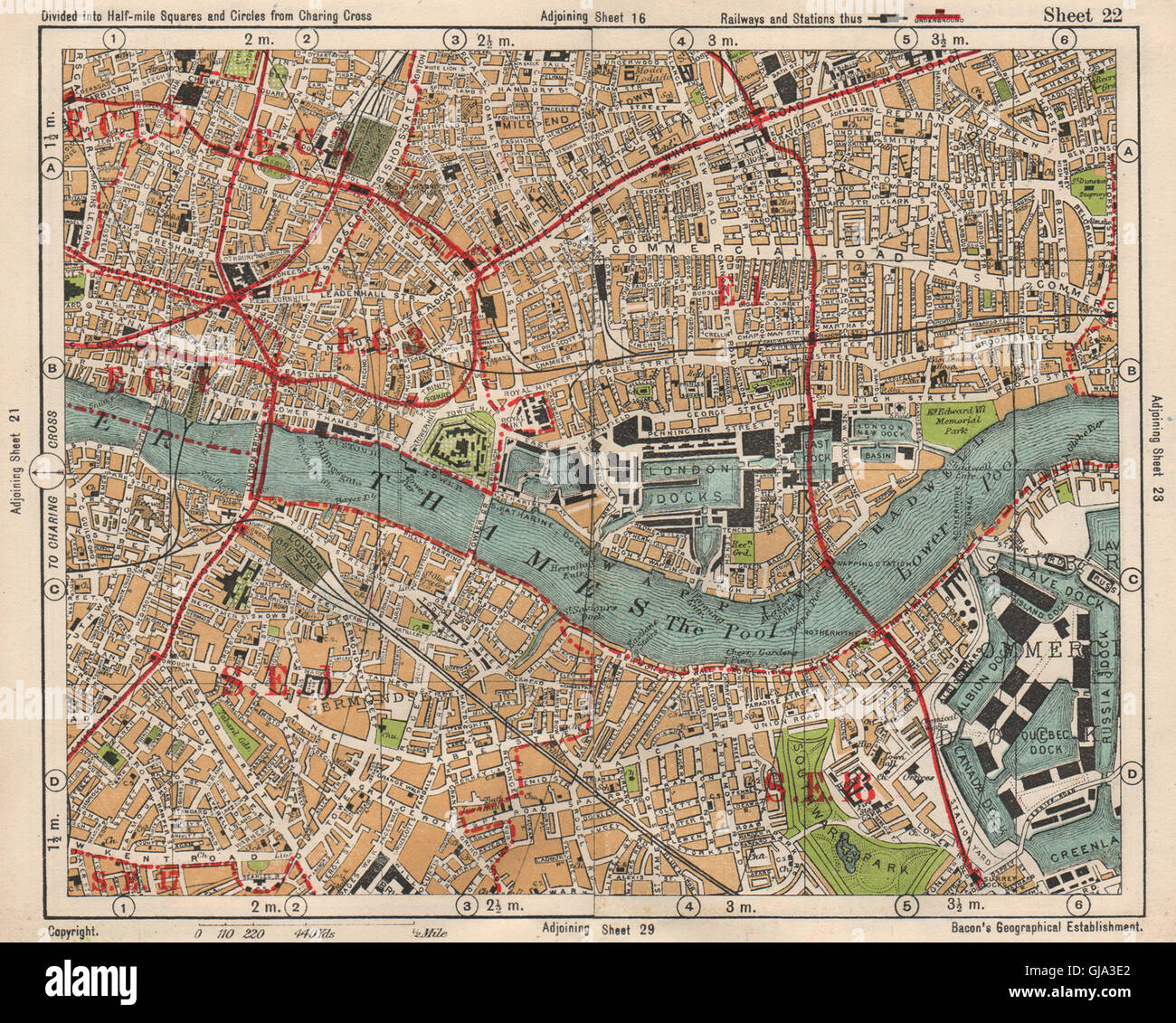 LONDON. City East End Bermondsey Stepney Rotherhithe Whitechapel.BACON, 1933 map Stock Photo