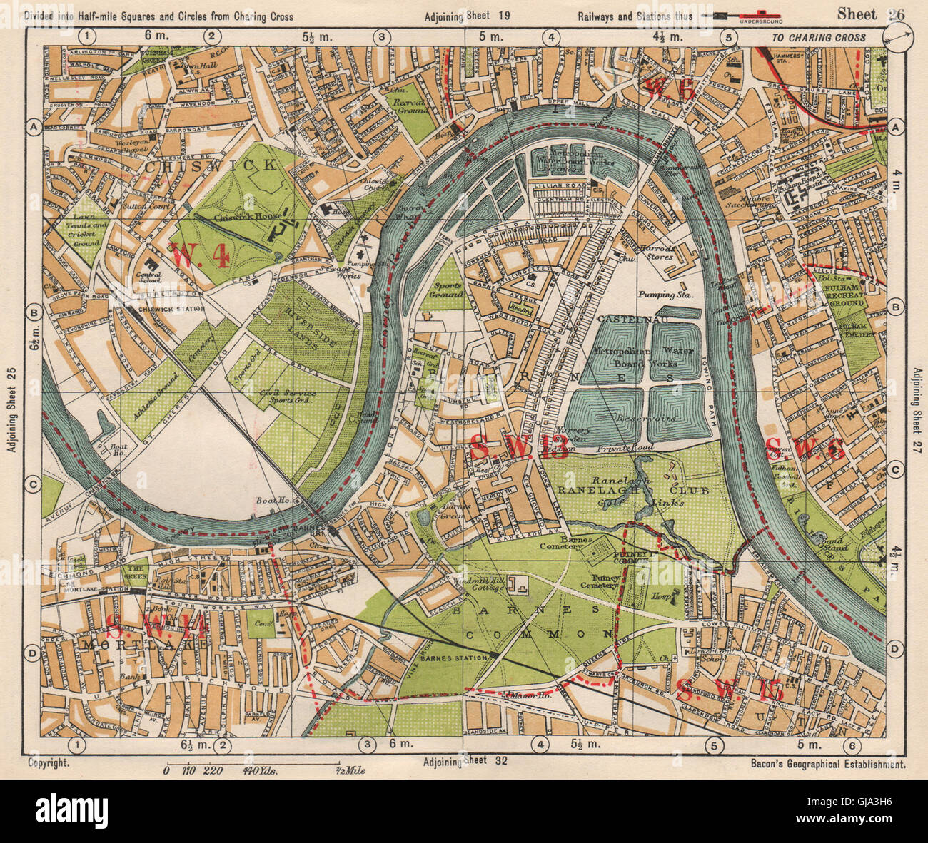 SW LONDON. Chiswick Barnes Castlenau Fulham Hammersmith Mortlake.BACON, 1933 map Stock Photo