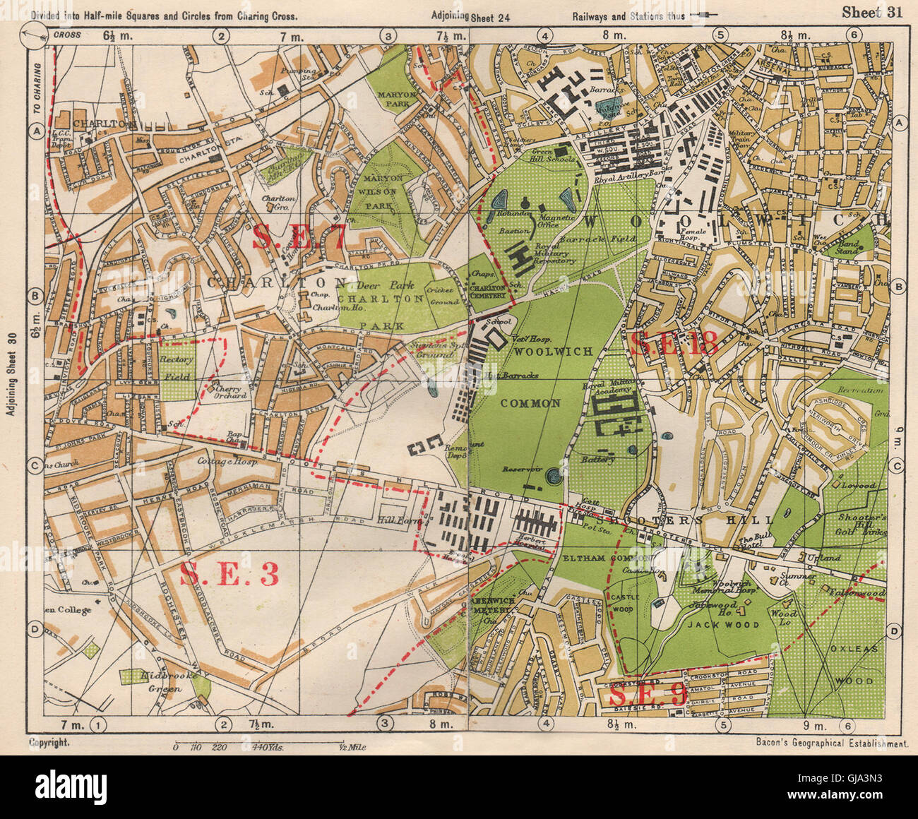 SE LONDON. Charlton Woolwich Shooters Hill Eltham Kidbrooke. BACON, 1933 map Stock Photo