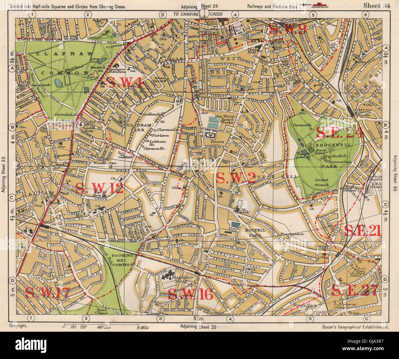 S LONDON. Brixton Clapham Balham Herne Hill Streatham Tusle Hill.BACON, 1933 map Stock Photo
