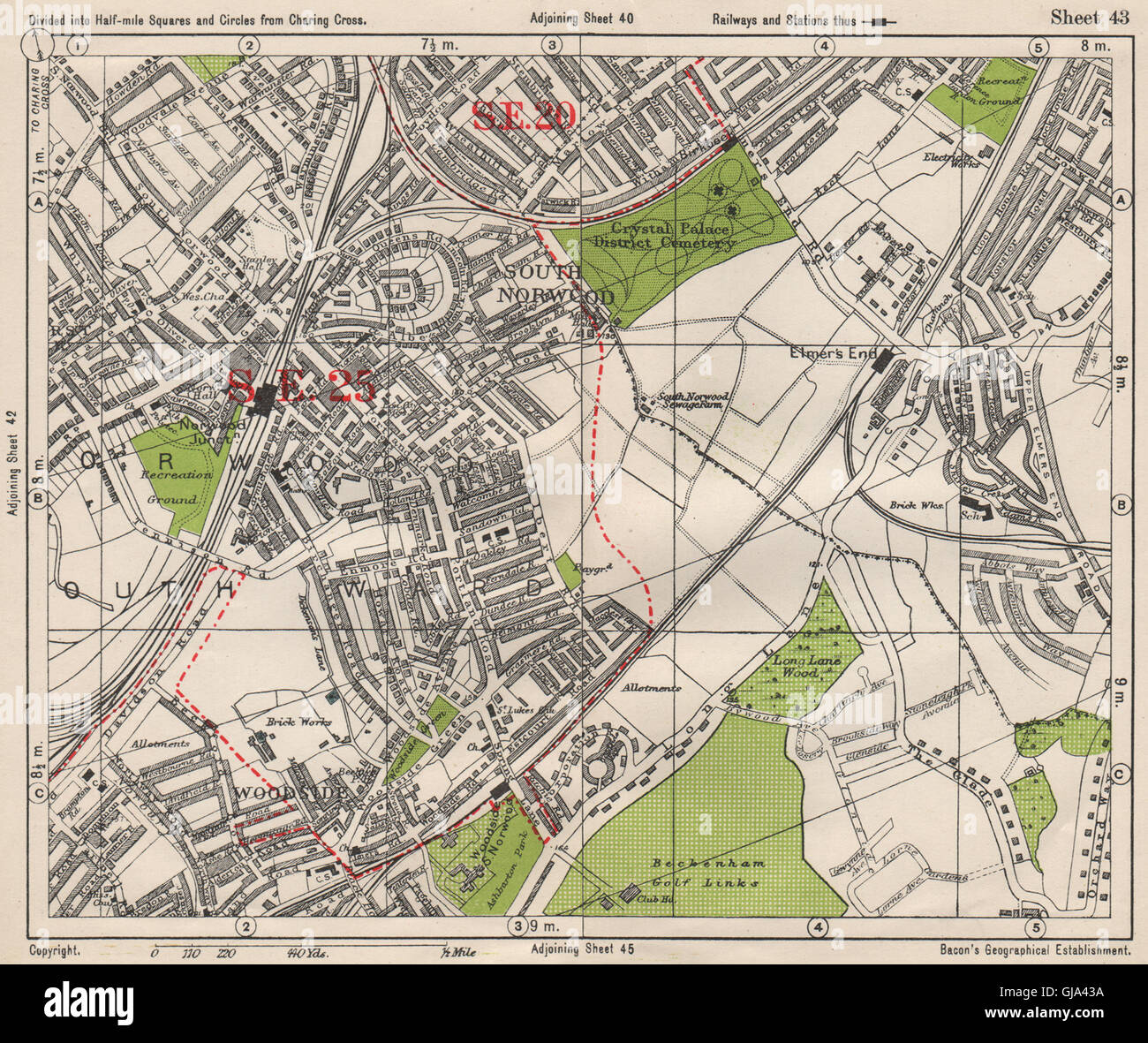SOUTH EAST LONDON. South Norwood Woodside Elmer's End Anerley. BACON, 1933 map Stock Photo