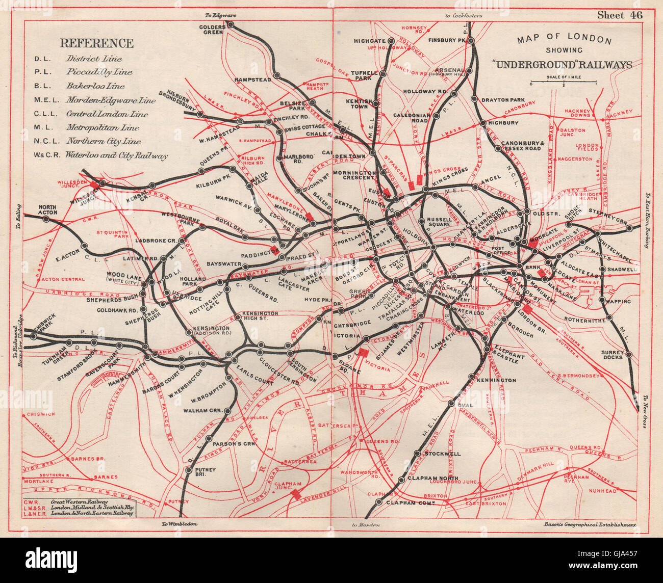 LONDON UNDERGROUND MAP. Tube & railways. BACON, 1933 Stock Photo ...