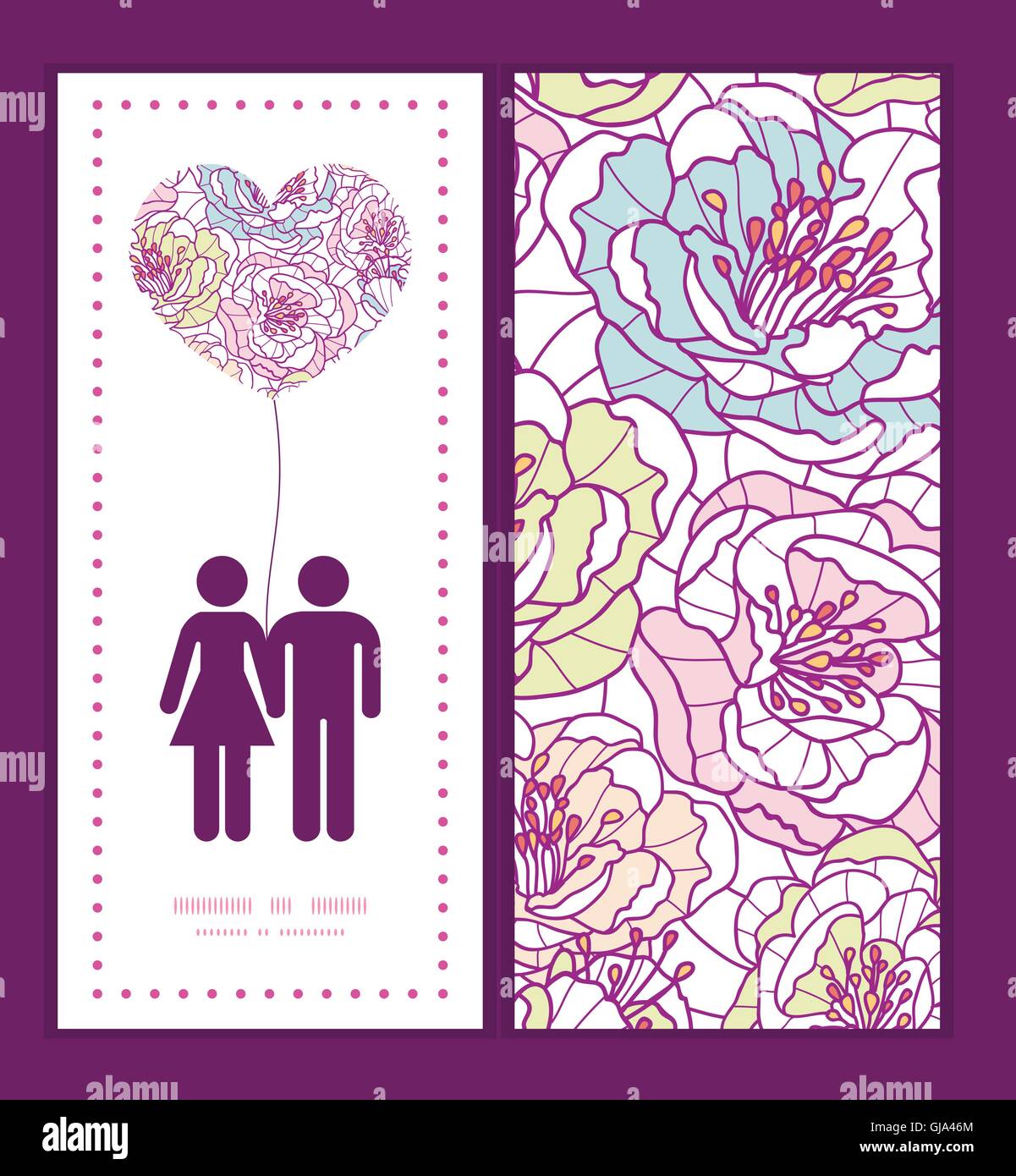 Vector colorful line art flowers couple in love silhouettes frame ...