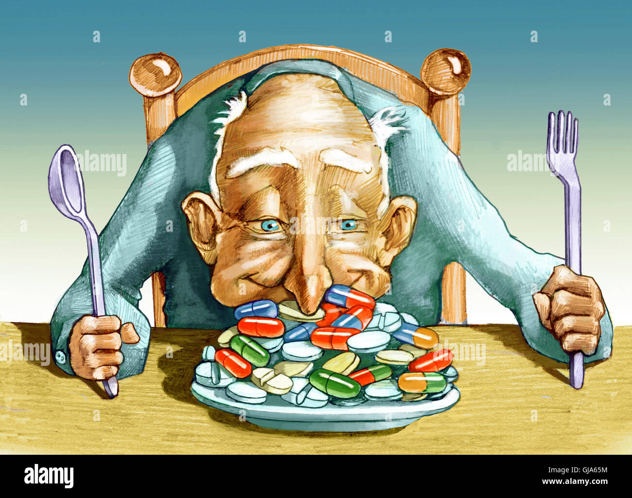 an elder has a plate full of pills and dives nose ecstatically Stock Photo