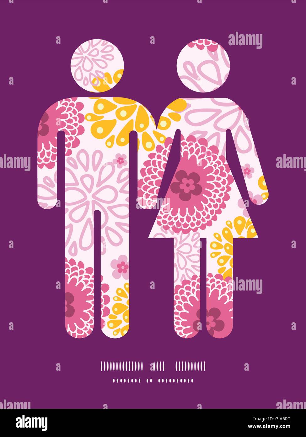 Vector pink field flowers couple in love silhouettes frame pattern ...