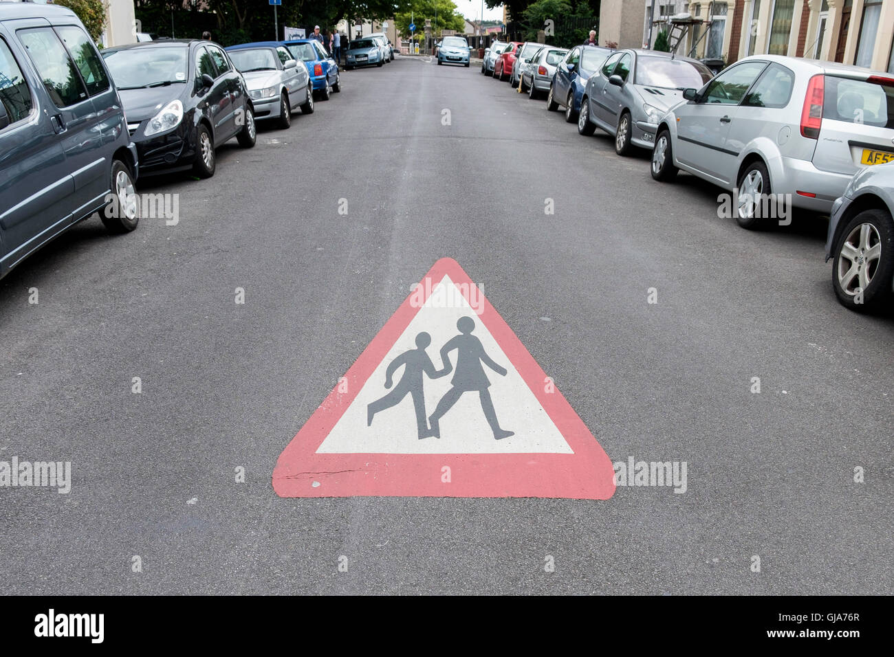 A children crossing traffic safety warning sign on a road is pictured in Bristol Stock Photo