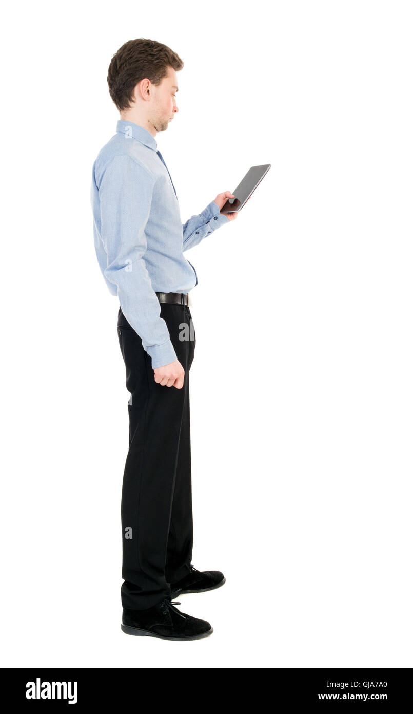 Man Using Mobile Back View back view of business man uses mobile phone Stock Photo - Alamy