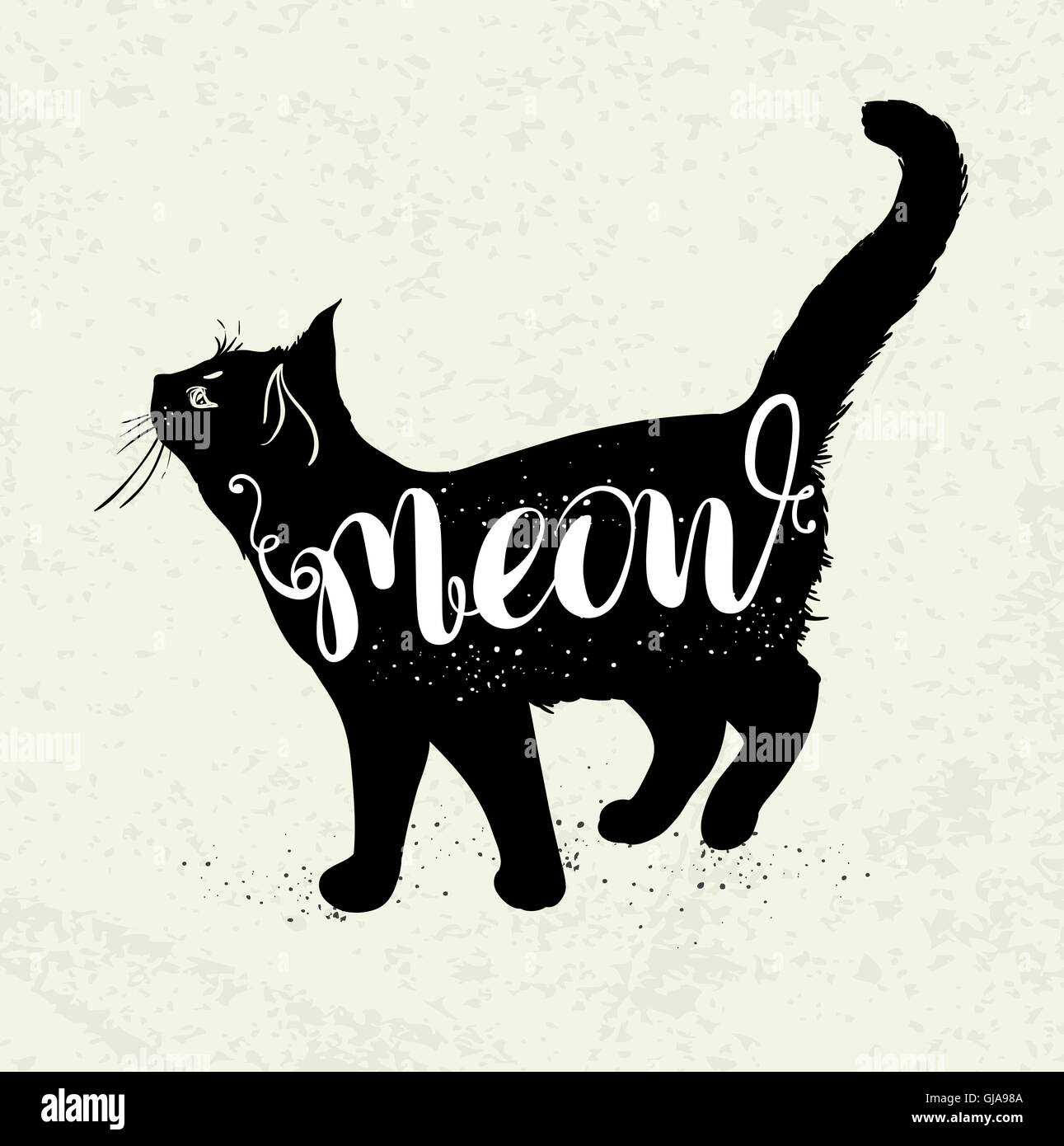 Background with black cat and lettering 'Meow'. Stock Photo