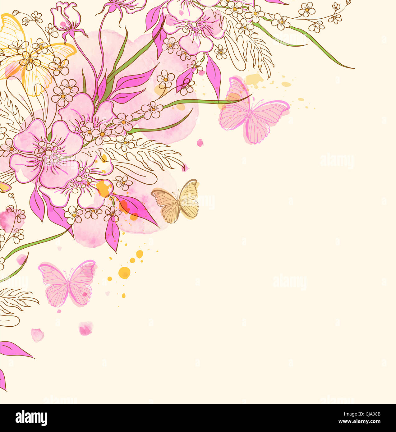 Abstract floral background with flowers, butterflies and pink ...
