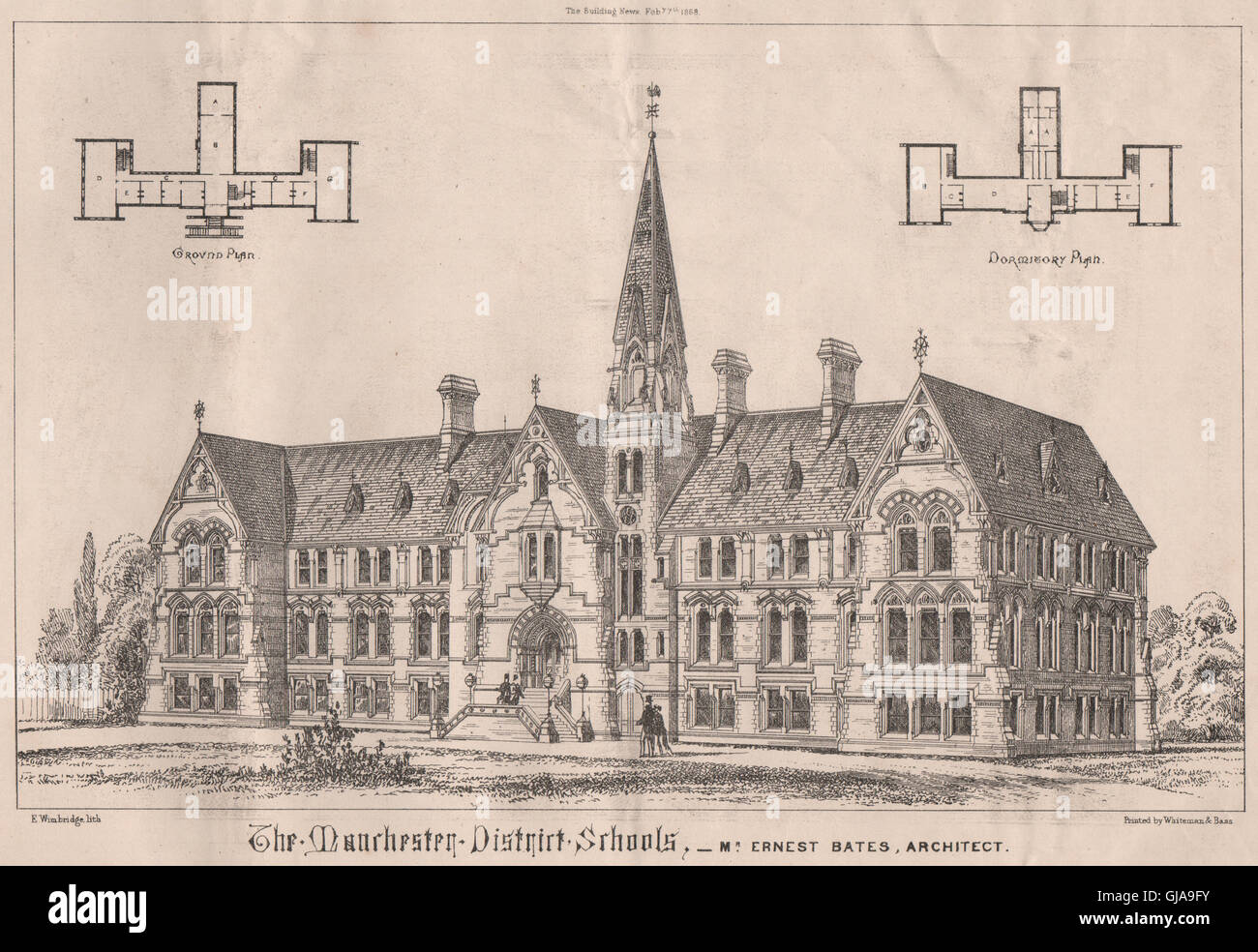 The Manchester District Schools; Mr. Ernest Bates, Architect, old print 1868 Stock Photo