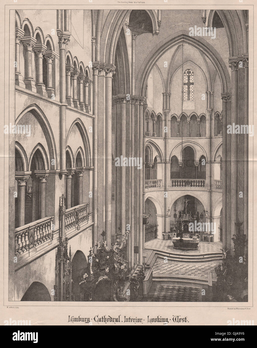 Limburg Cathedral - interior looking west. Hessen, antique print 1868 Stock Photo
