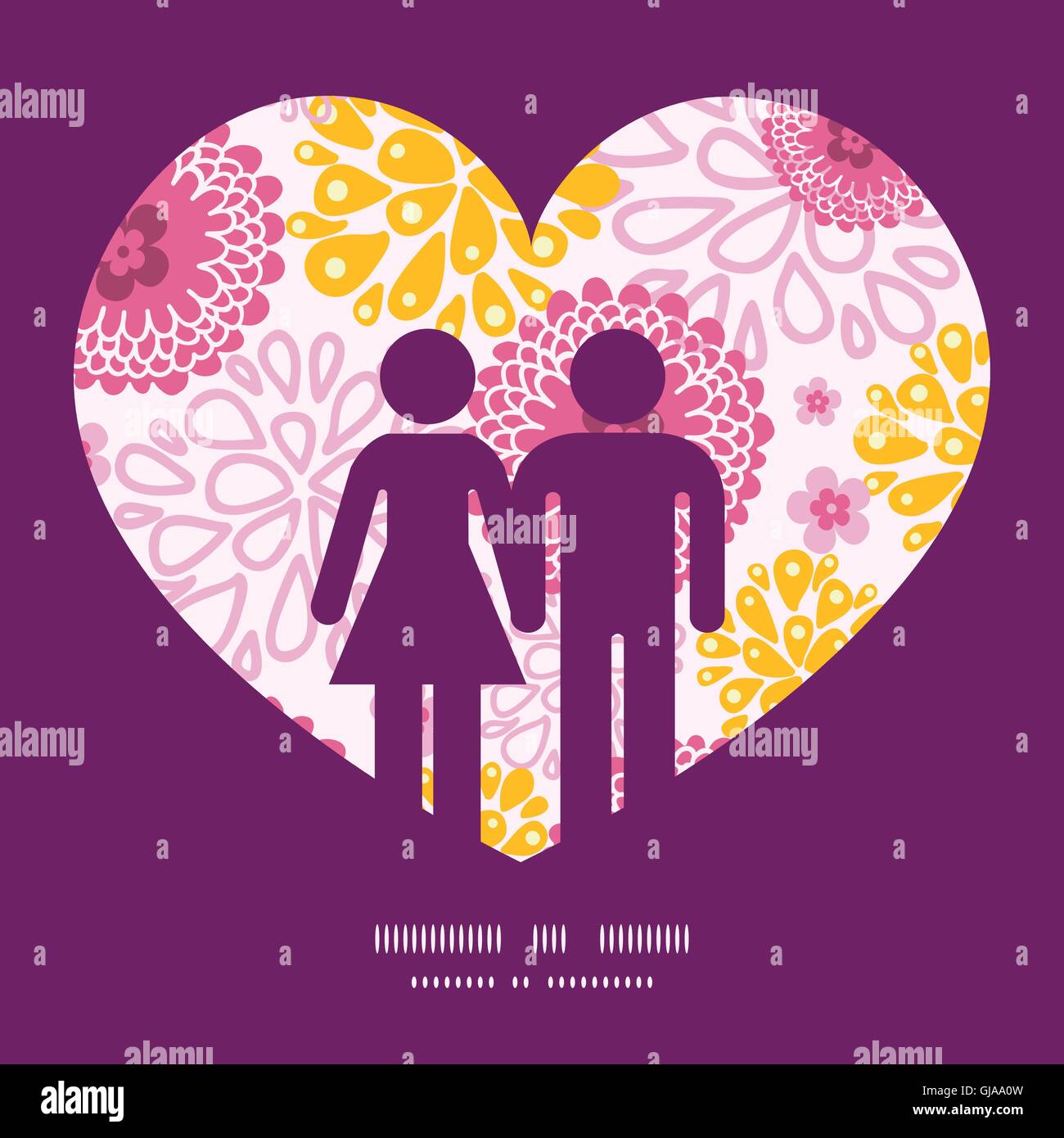 Vector pink field flowers couple in love silhouettes frame pattern ...