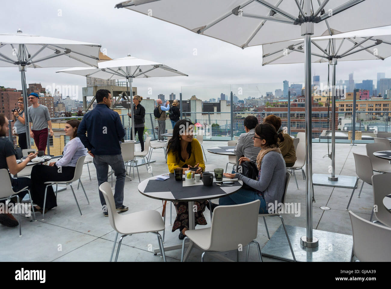 New York, NY, USA, Tourists Sharing Meals in American Bistro Café Restaurant, Modern American Art Musuem, 'Downtown Whitney Museum', modern design restaurant outdoor dining Stock Photo
