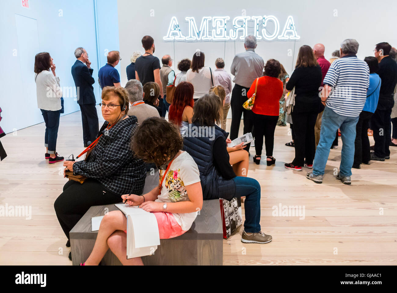 New York City, NY, USA, Crowd of Tourists Listening to Tour Guide in Modern American Art Gallery, Downtown Whitney Museum, in Meat Packing District Neighborhood, Neon Light Sculpture Stock Photo
