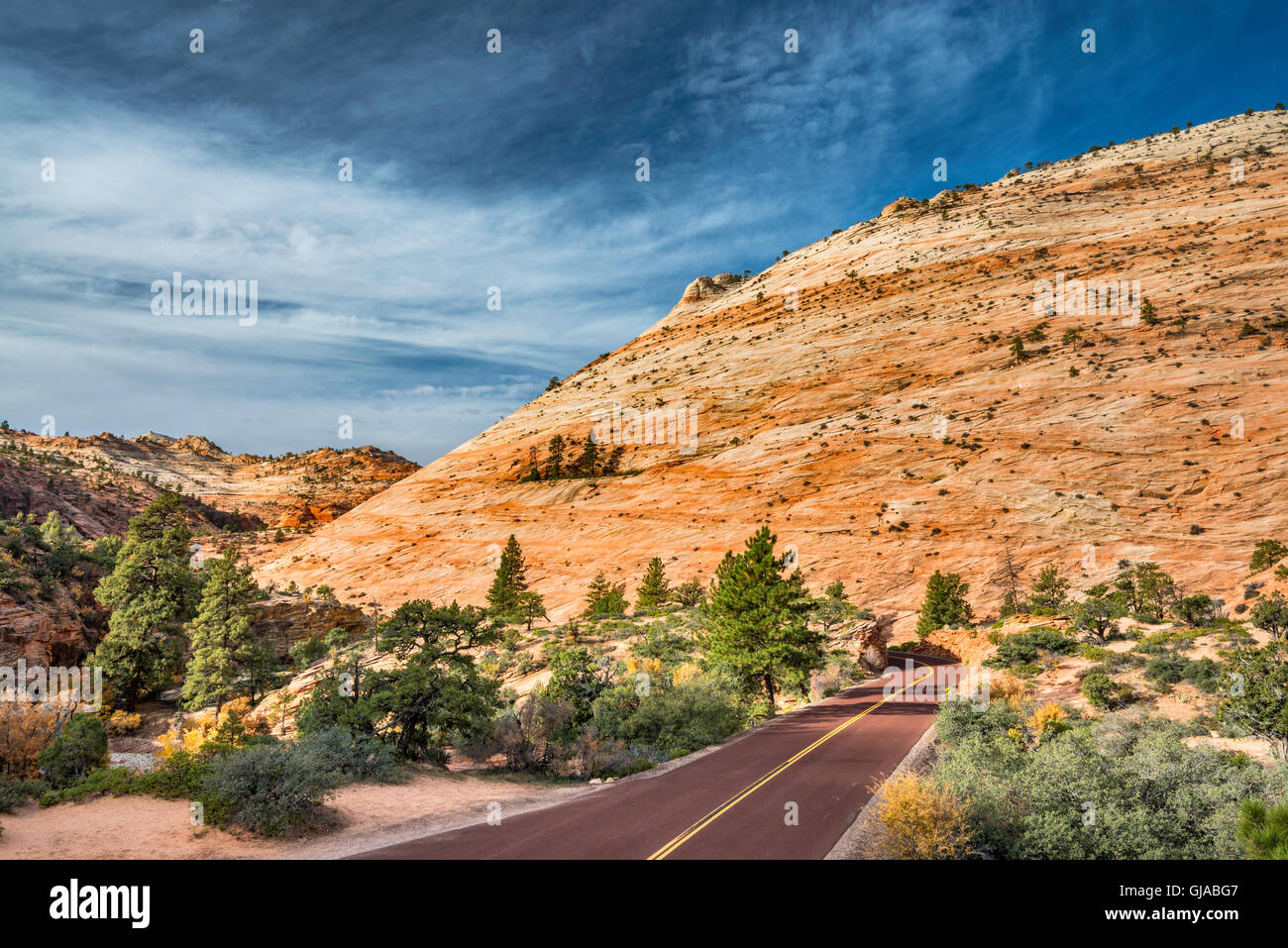 Crossbedded slickrock formation, along Zion - Mount Carmel Highway, near East Entrance, Zion National Park, Utah, USA Stock Photo