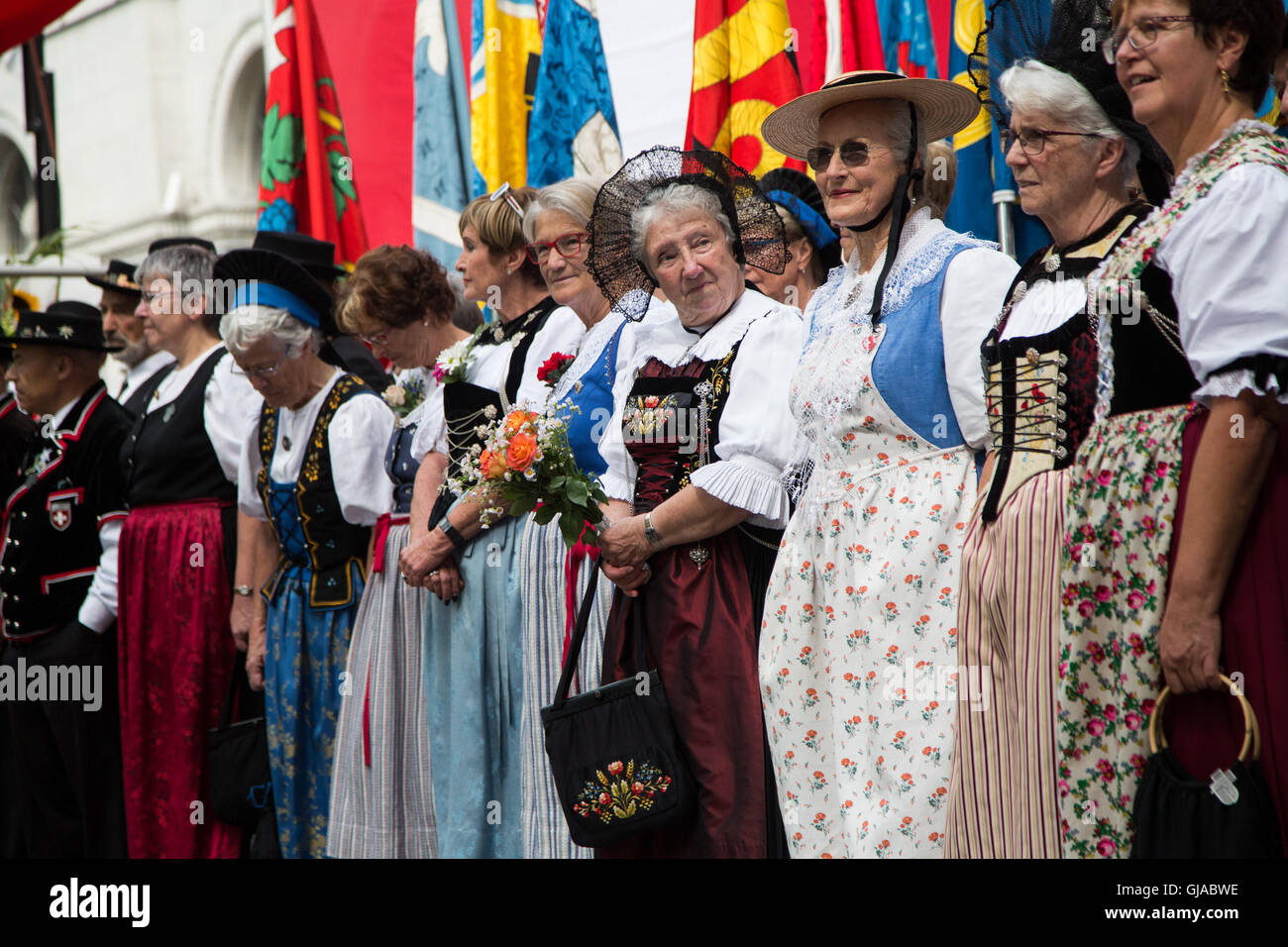 01/08/2016. Zurich, Switzland. Women wear traditional dress at a ceremony in Zurich in celebration of Swiss National Day. Stock Photo