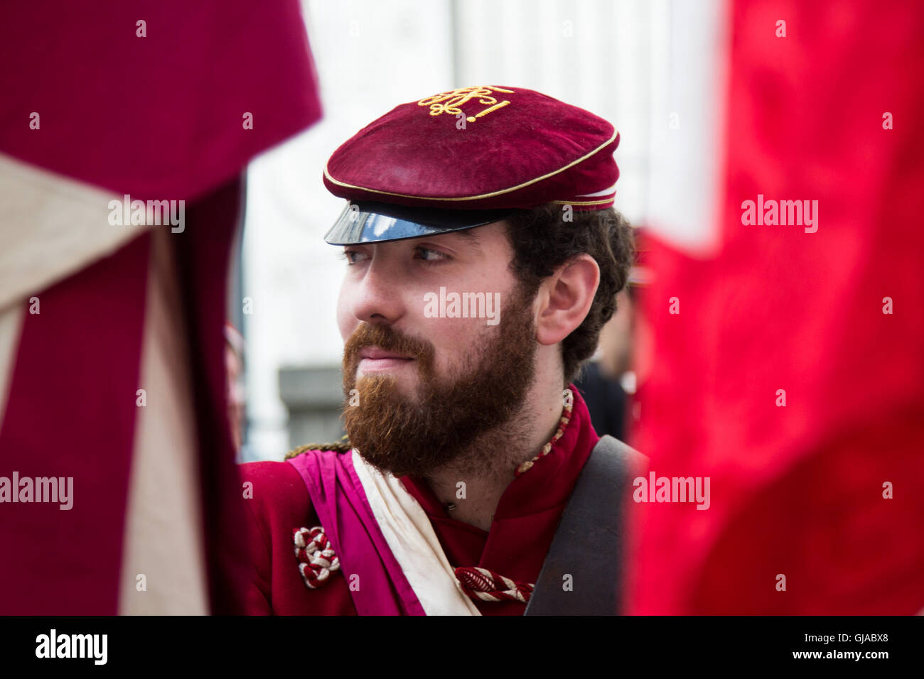 A man wears traditional dress at a ceremony in Zurich in celebration of Swiss National Day. Stock Photo