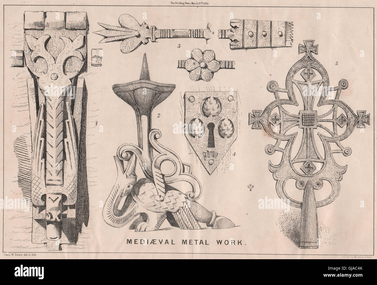 Mediaeval metal work . Decorative, antique print 1869 Stock Photo