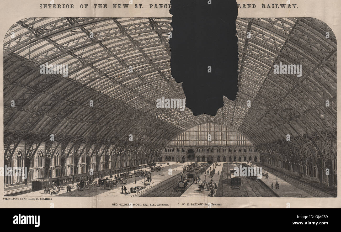 St. Pancras Station, Midland Railway; Geo. Gilbert Scott,, R.A. Architect, 1869 Stock Photo