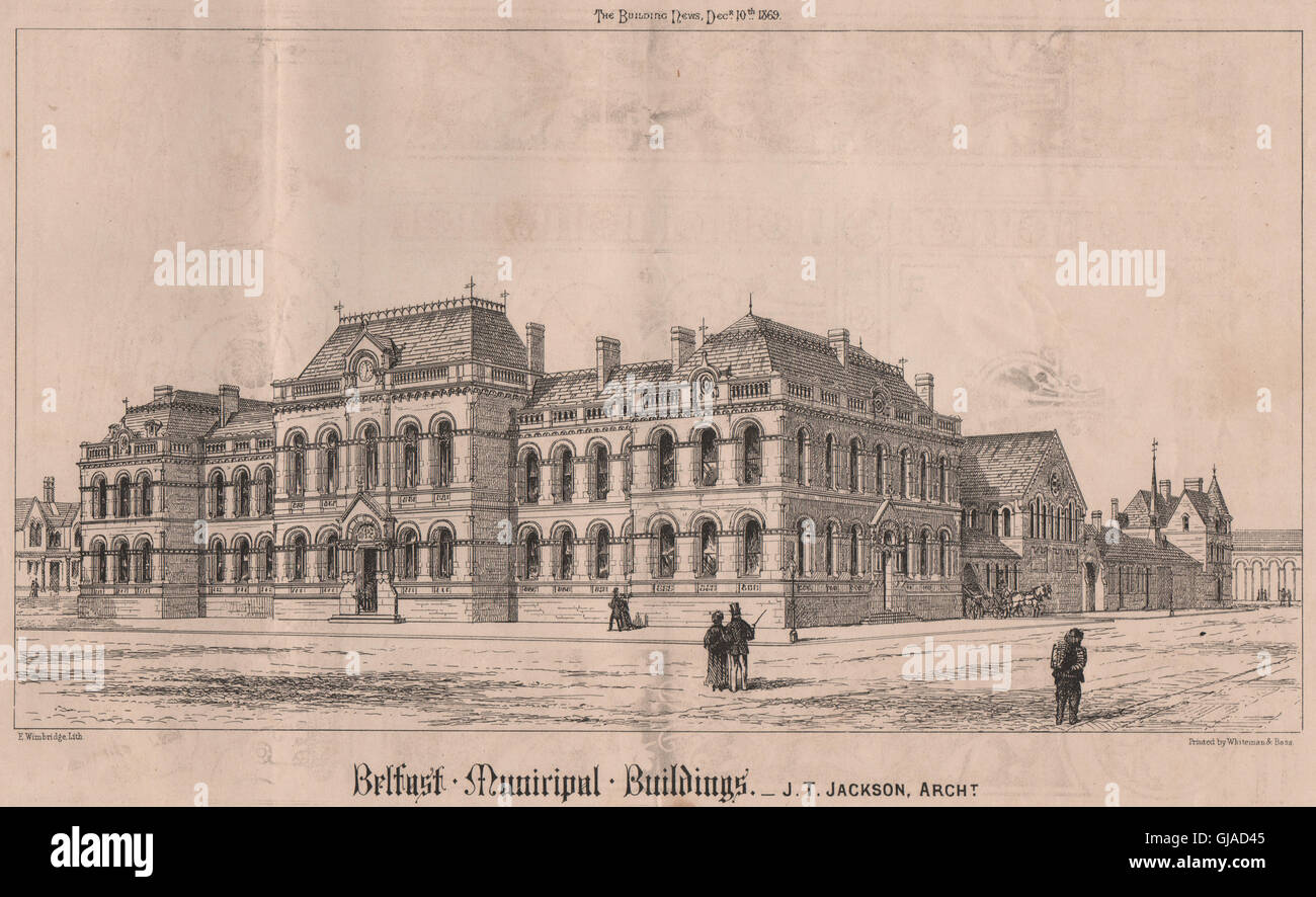 Belfast municipal buildings; J.T. Jackson, Architect. Ireland, old print 1869 Stock Photo