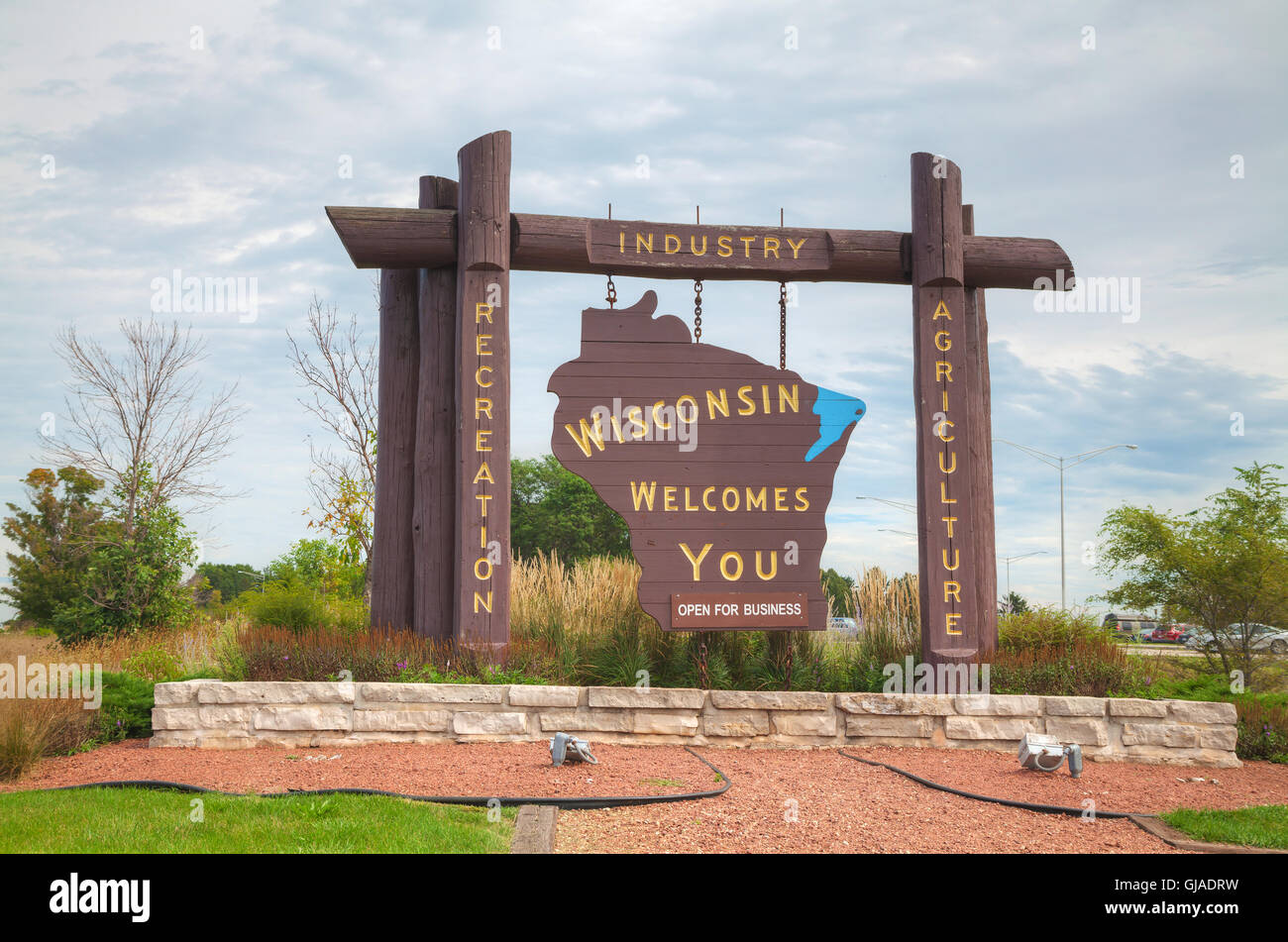 Wisconsin welcomes you sign at he state border Stock Photo