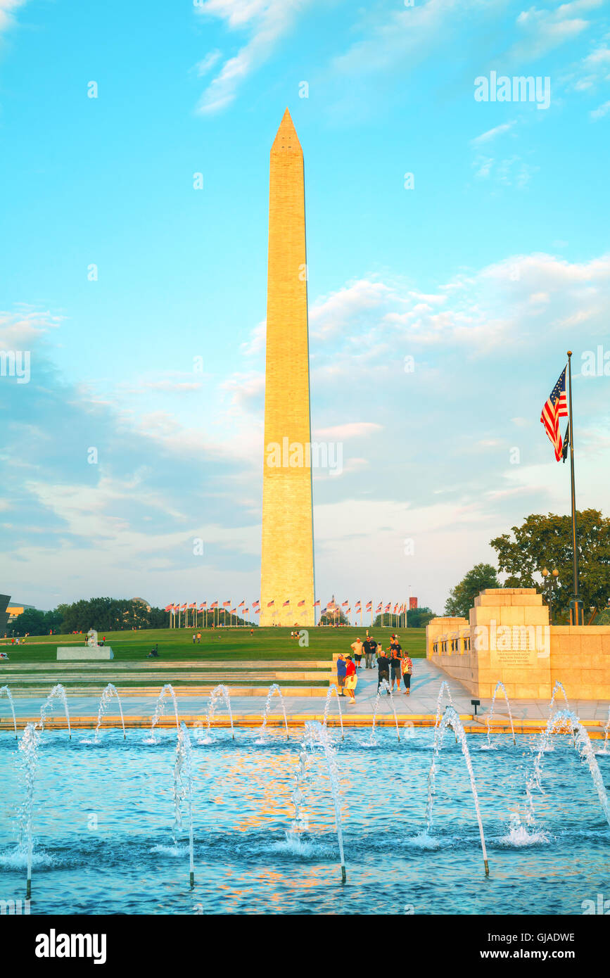 WASHINGTON, DC - SEPTEMBER 1: Washington and World War II Memorials with people on September 1, 2015 in Washington, DC. Stock Photo