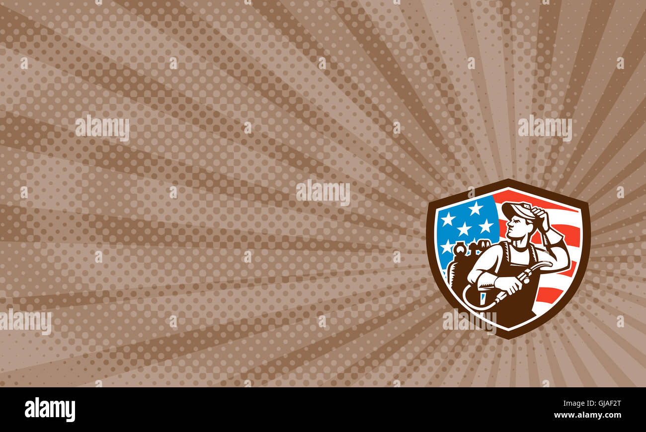 Business card showing illustration of a welder rod-holder with cable and  electrode for electric arc welding and welder visor mask looking to the  side with usa american stars and stripes flag in