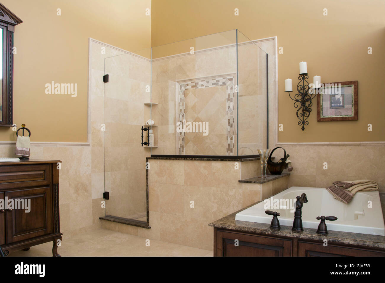 Modern bathroom shower vanity and bathtub Stock Photo
