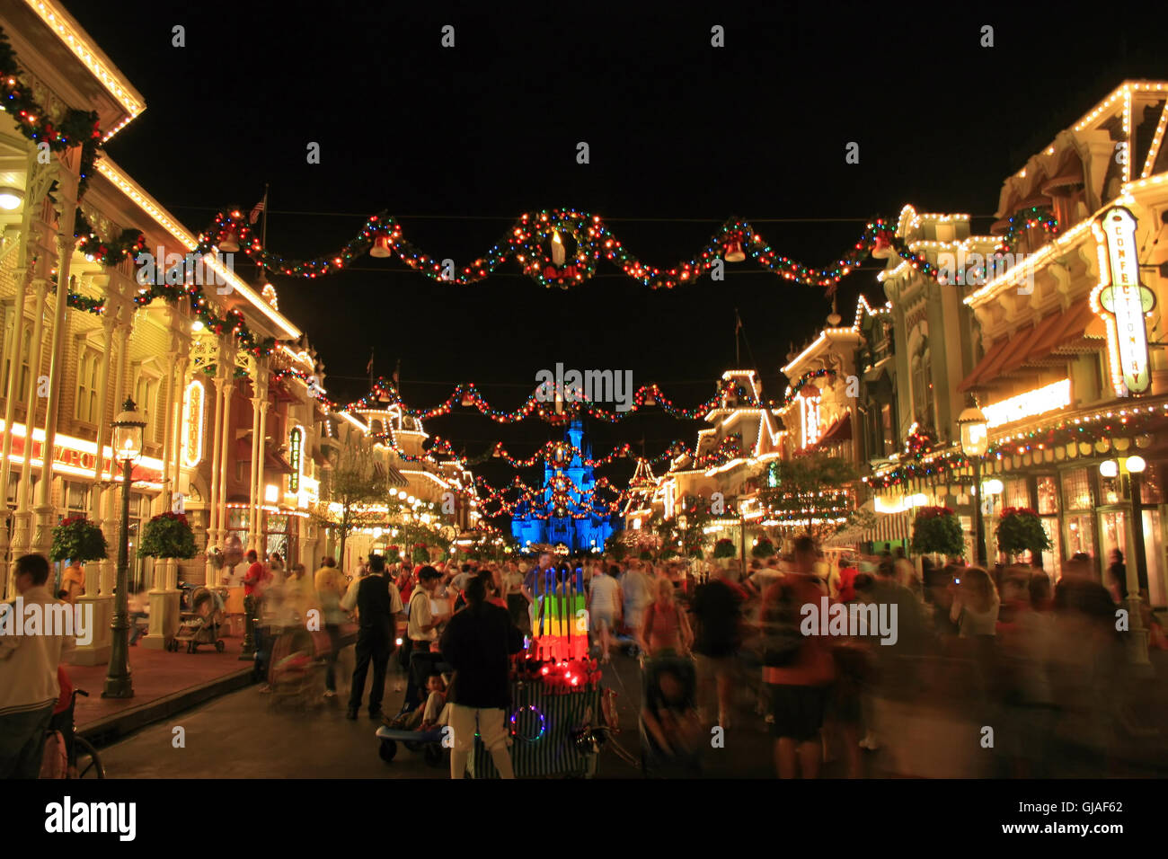Orlando, Florida. January 3rd, 2007. Main Street USA at Magic Kingdom at Walt Disney World with Christmas Decorations. Stock Photo