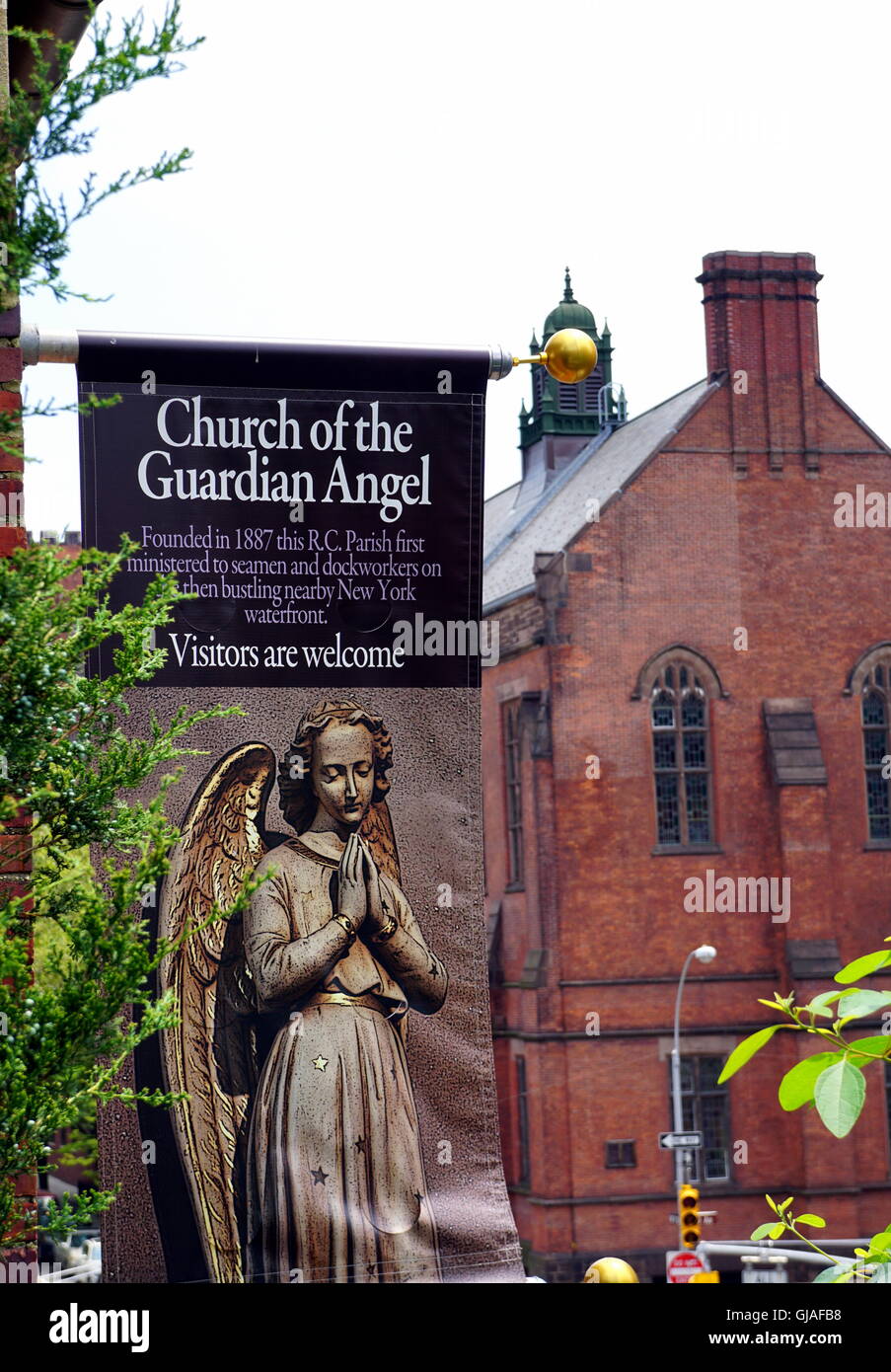 A view of the Church of the Guardian Angel from the High Line in the Chelsea area of New York City, NY, USA Stock Photo