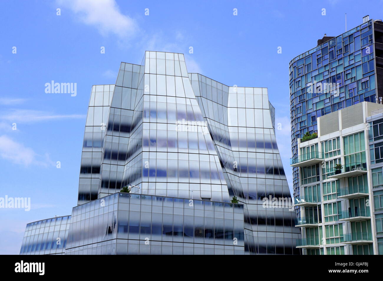 A view of the IAC (InterActive Corp) and 100 Eleventh Ave buildings from the High Line in the Chelsea area in New York City, NY Stock Photo
