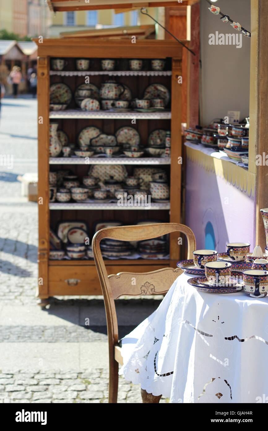 Traditional handmade ceramics ( polish pottery ) from Boleslawiec, Poland on the ceramics festive Polish Pottery festival Stock Photo