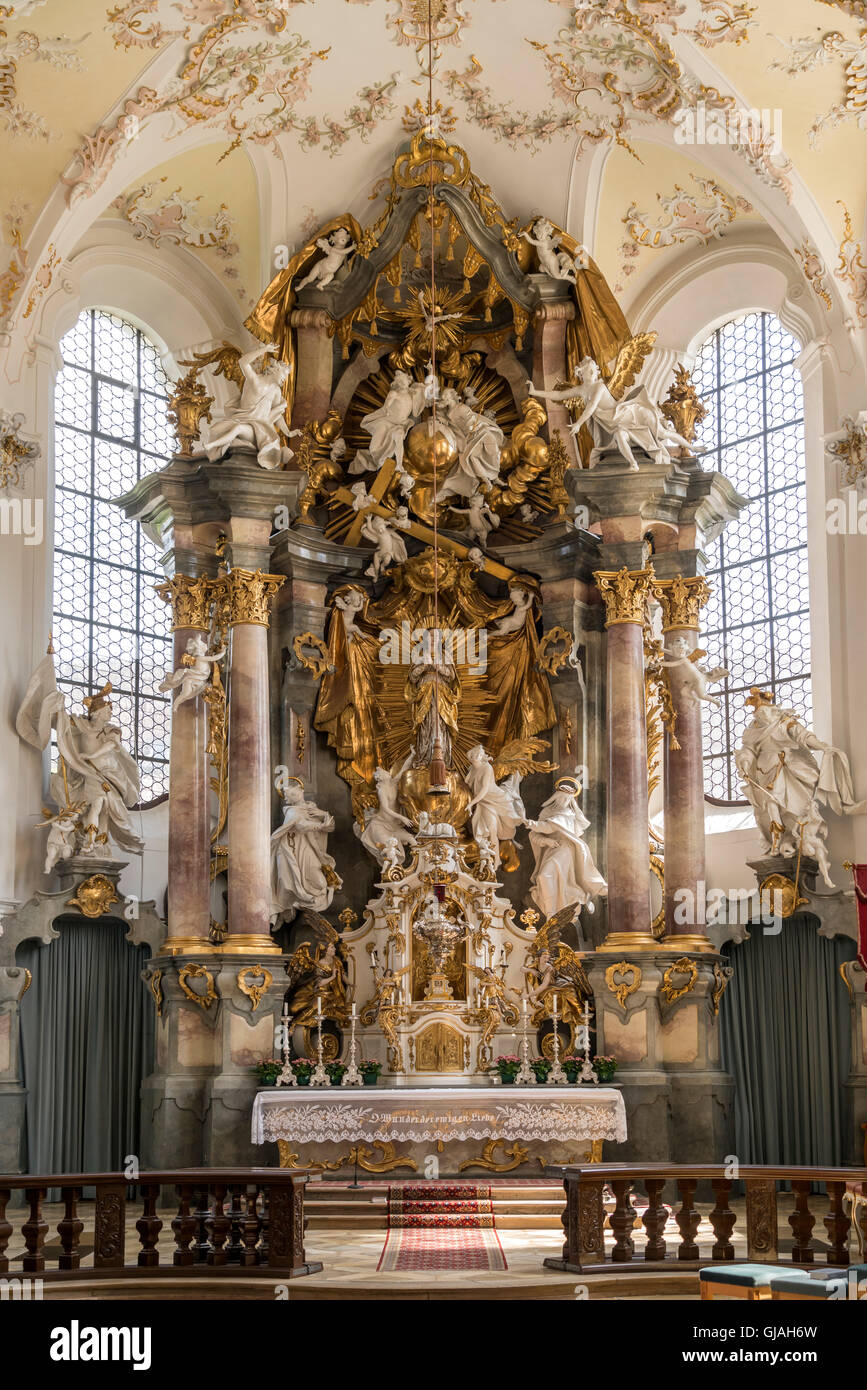 church interior and Altar, Maria Himmelfahrt, Schongau,  Upper-Bavaria, Bavaria, Germany, Europe Stock Photo