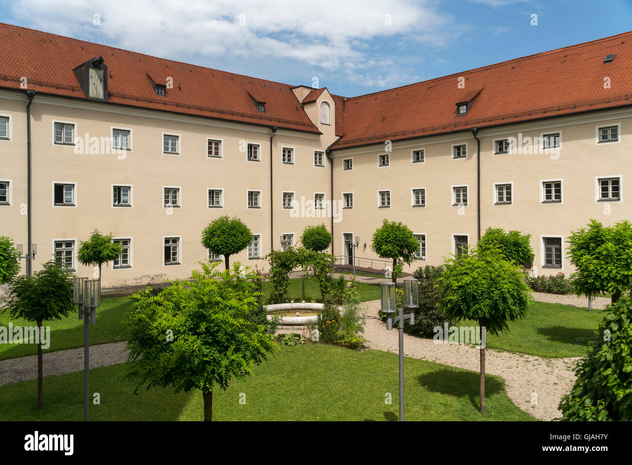 monastery courtyard, Schongau,  Upper-Bavaria, Bavaria, Germany, Europe Stock Photo
