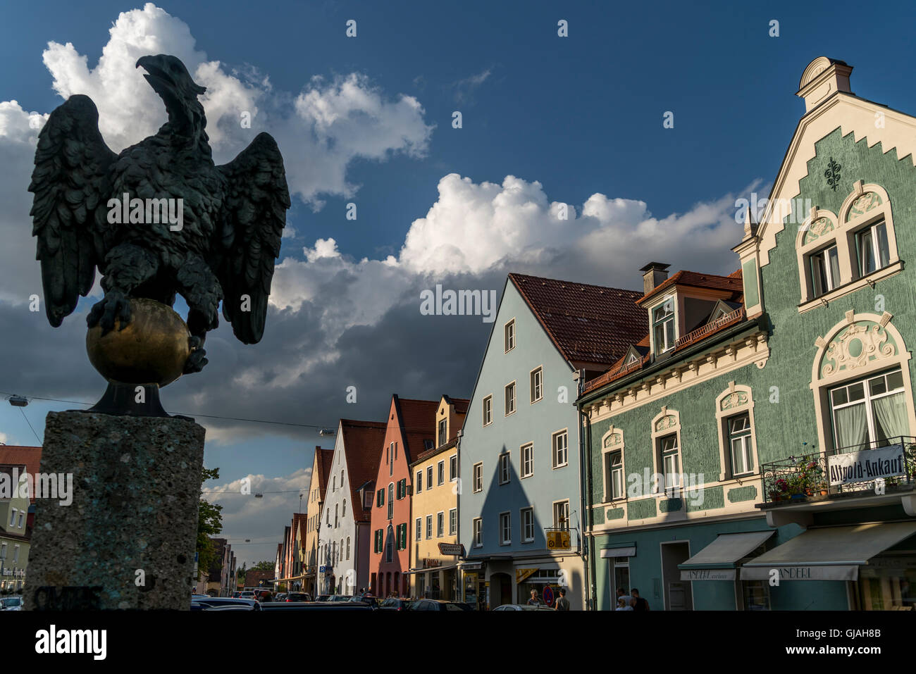 bronce eagle in front of the city hall and the old town,  Schongau,  Upper-Bavaria, Bavaria, Germany, Europe Stock Photo